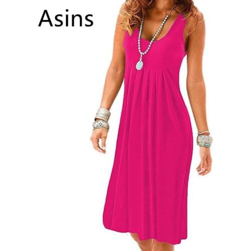 Asins plus size S-5XL dress women 2019 summer new hot casual fashion o neck high waist solid color sleeveless sexy vest dress
