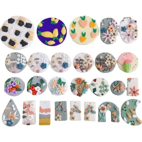 10pcs/lot 3D flowers pattern decoration geometry rounds/oval/rectangle handmade clay fimo beads diy jewelry earring accessory