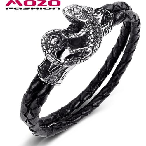 2020 New Men Jewelry Black Genuine Leather Bracelet Stainless Steel Punk Lizard Charm Chameleon Women Bangles