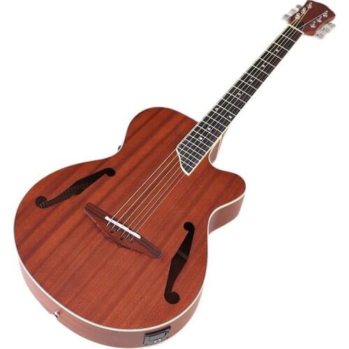 F Hole 40 Inch Acoustic Guitar Brown 6 Strings Folk Guitar Full Sapele Wood Body Cutaway Matte Finish Chrome Diecast Guitarra