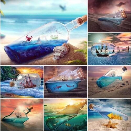 5D Diy Full Drill Diamond Painting Beach Landscape Full Square Diamond Embroidery Bottle Sunset Wall Art Picture Home Decoration