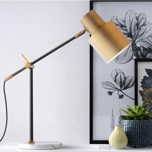 American Marble Brass Long Arm Table Lamp Simple Light Luxury Bedroom Bedside Study Living Room Office LED Decorative Lighting