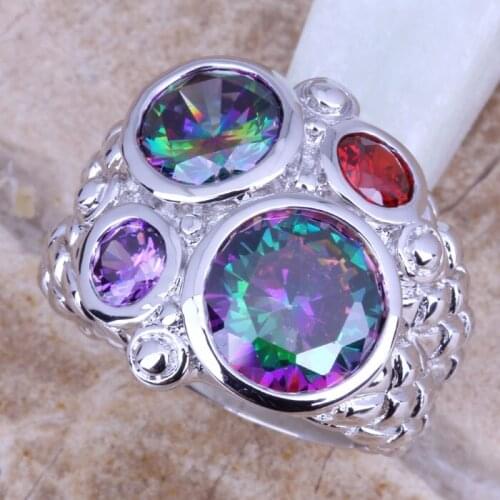 Classy Rainbow Cubic Zirconia Multigem Silver Plated Womens Ring Size 6 / 7 / 8 / 9 E799
