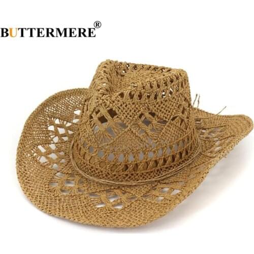BUTTERMERE Straw Summer Hat Womens Sun Hat Hand Knitting Western Cowboy Cowgirl Hat Hollow Out Khaki Women Men Unisex Sunhat