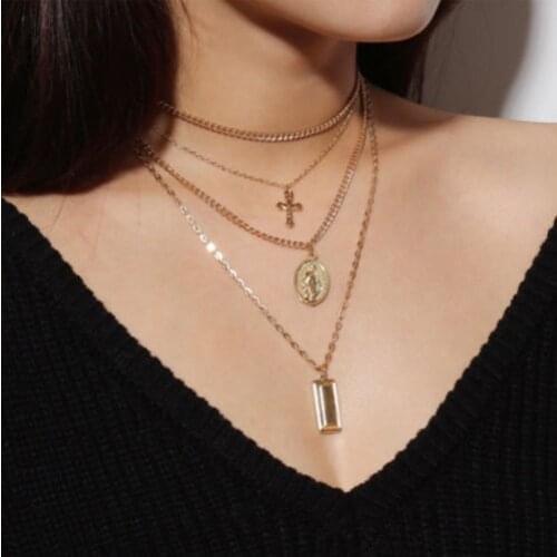 Hot sale sexy beautiful Multilayer Fashion Women Lady Cross Necklace Charm Chain Boho Collares Female Jewelry Wholesale