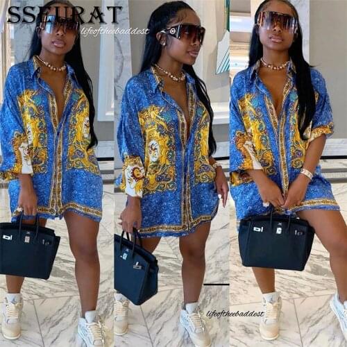 SSEURAT Hot Sale Vintage Fashion Print Womens Long Shirt Clothes Vintage Chic Sexy Short Mini Dress