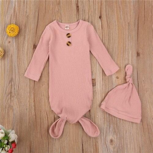 Fashion 2 Piece Set For Newborn Boys Girls Solid Color Long Sleeve Wrap Comfort Sleeping Bag And Cap Set 0-6M