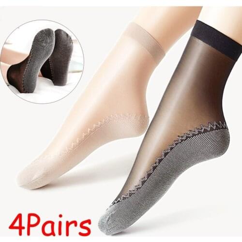 4 Pair Spring Summer Women Soft Socks Casual Non-Slip Bottom Splice Fashion Transparent Ladies Girls Breathable Thin Silk Sock