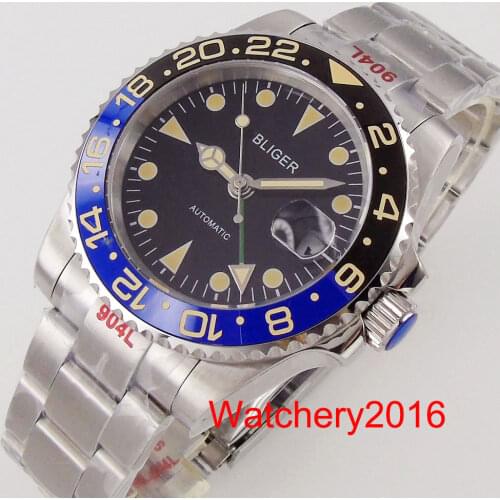 New BLIGER Brand 40mm Black Dial Automatic Men Watch Green GMT Luminous Yellow Marks Sapphire Glass Oyster Strap Ceramic Bezel