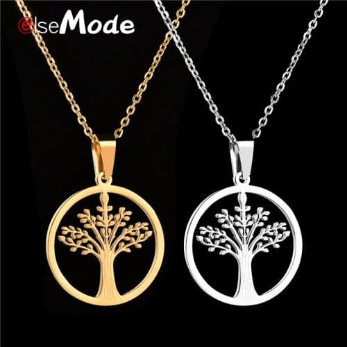 ELSEMODE Tree Of Life Round Pendant Necklace 7 Style Stainless Steel Classic Necklaces For Women Girl Anniversary Jewelry Gifts