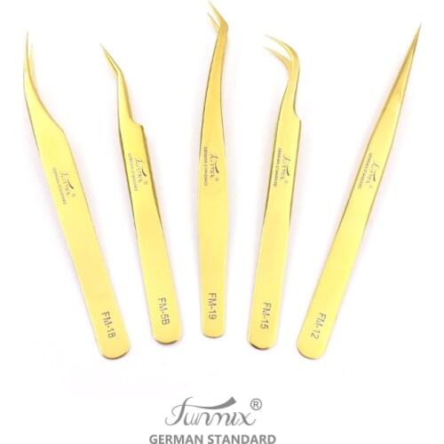 High Quality Premium 2020 Funmix FM Golden Anti-static Eyelashes Tweezers Ultra Fine Tip Improve for 3D 6D Lashes Extensions