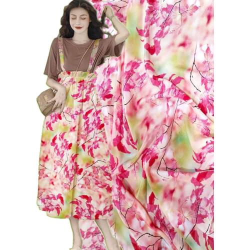 Silks Tulle Textile Red Autumnal Leaves Printed 16mm Silk Dress Material Tela Costura Tkanina Na Metry Pink Fabric Tissu Mariage