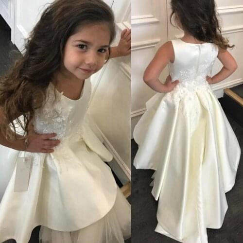 Hi-Lo Flower Girl Dresses Lace Appliques Kids Wedding Satin Princess Gowns Birthday Dress Custom Made