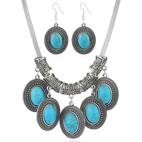 Silver Plated Stackable Oval Shape 3 Colors Turquoises Stone Pendant Necklace Drop Earrings for Women Jewelry Sets