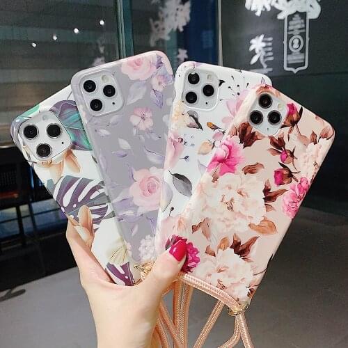 Cord Necklace Lanyard Crossbody Rope Phone Case for iPhone 11 Pro X XR XS Max 7 8 Plus 12 mini Vintage Flower Banana Leaves Case