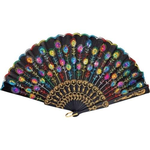 SODIAL(R) Colored Embroidered Flower Pattern Black Cloth Folding Hand Fan for Woman