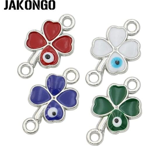 JAKONGO Antique Silver Plated Enamel Clover Lucky Connectors for Jewelry Making Bracelet Findings Accessories DIY Craft 20x11mm