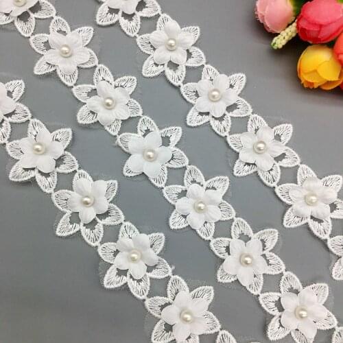 50x White Pearl Flower Cotton Wedding Fabric Lace Trim Ribbon Embroidered Applique Trimmings Sewing Craft Baby Dress Decor