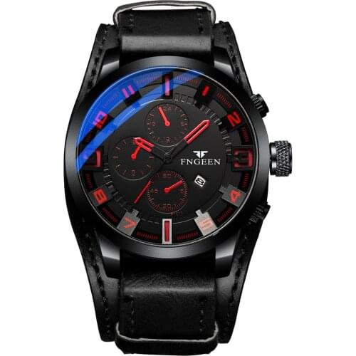 FNGEEN P1010 Trending Mens Boys Quartz Watch Activity Leather Band Water Resistant Calendar Vintage Student Watch
