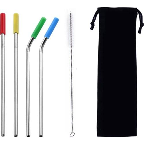4Pcs/Set Reusable Stainless Steel Drinking Straws Set with Silicone Tips and Cleaning Brush Metal Straws for 30oz 20oz Tumblers