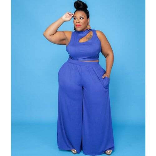 Plus Size Womens Clothing Round Collar Solid Color Sleeveless Hollow Out Tops Two Piece Wide Leg Pants Wholesale Dropshipping