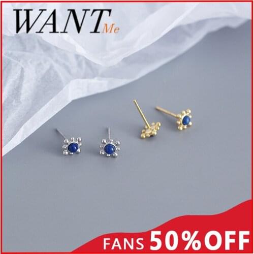 WANTME Natural Round Lapis Lazuli Mini Stud Earrings for Women Real 925 Sterling Silver Teen Romantic Cute Jewelry Accessories