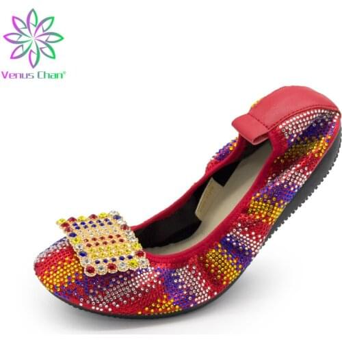 Plus Size Large Women Shoes Red Color Ladies Dancing Shoes Casual Retro Bling Shoes with Rhinestone Mixed Color