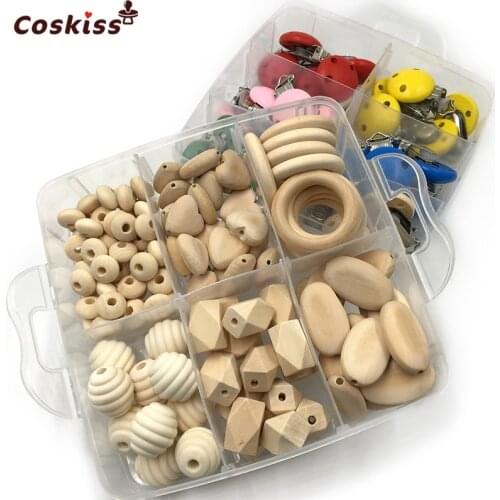 2 Box Blending Wood Hearts Spiral Beads Oblong Geometric Wood Beads Mixed Color Wooden Baby Pacifier Clip Baby Teether Toys Set