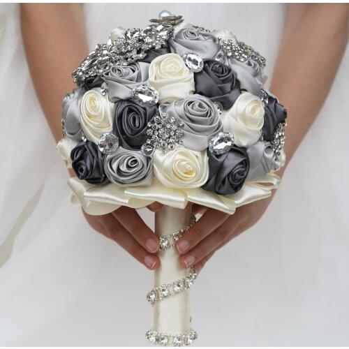 20cm Artificial Wedding Brooch Bouquet Handmade Satin Flowers Rhinestone Crystal Bridesmaid Bridal Bouquet De Mariage W375
