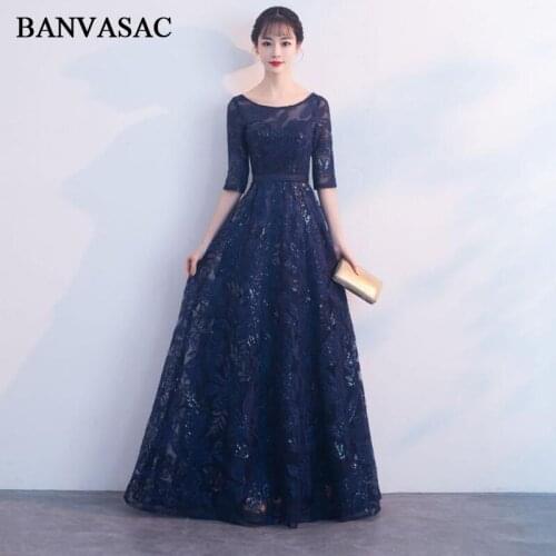 BANVASAC 2018 O Neck Sequined Appliques A Line Long Evening Dresses Lace Illusion Half Sleeve Sash Party Prom Gowns