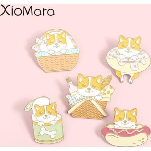 Baby corgi Enamel Pins Fashion hot dog Donuts Food basket Brooches Lapel Badges Wholesale Cute Pins Jewelry Gifts for friends