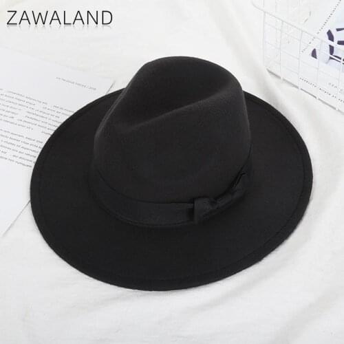 Zawaland Autumn Winter Felt Fedoras Men Women Big Brim Jazz Cap Black Warm Top Hats Vintage Decor Hat for Gentleman Elegant Lady
