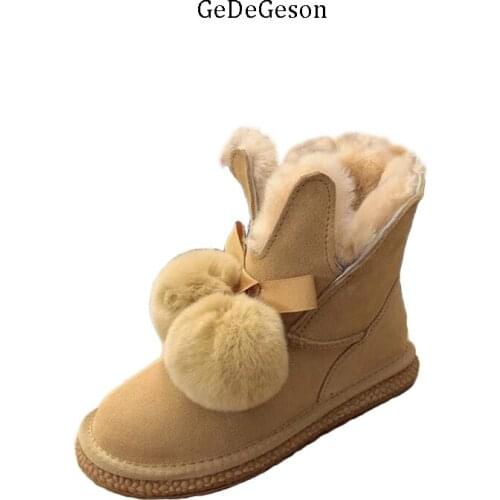 High End Snow Boots Women Warm Wool Real Fur Lining Wool Ball Decoration Cowhide Nu-buck Upper Comfortable Sweet Ladies Style
