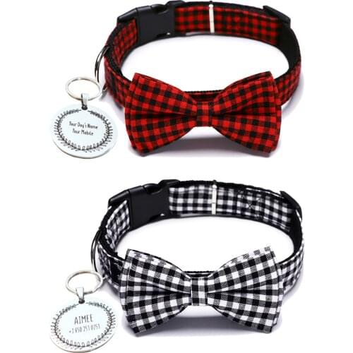 Custom Personalised Dog Collar Plaid Cotton Dog Collar Bowtie ID Nameplate Tag Adjustable Collar for Small Medium Large Dog