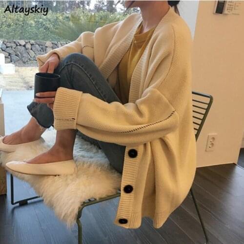 Cardigan Women Loose Knitting Button V-Neck Solid Chandails All-match Daily Streetwear Fashion Students Clothing Soft Harajuku