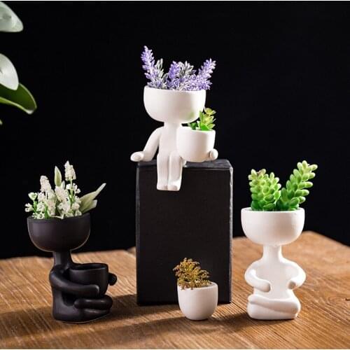 Succulents Ceramic Flower Pot Cute Character Modeling Sculpture Crafts Flower Arrangement Container Home Decoration Small Pot