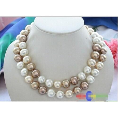 BEAUTIFUL 34" 15MM WHITE champagne EGG SOUTH SEA SHELL PEARL NECKLACE