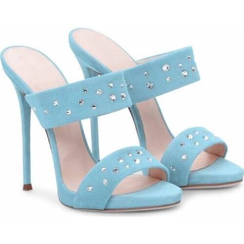 Summer Womens Suede Stilettos High Heels Slipper Beads Rhinestones Sexy Shoes Plus Size 5Colors New 2022