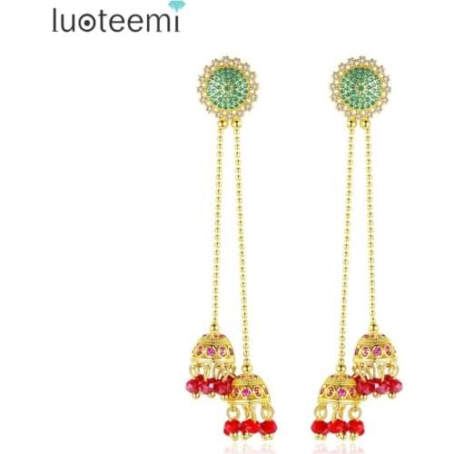 LUOTEEMI Exquisite Sun Flower Red Tassel Colorful Long Drop Dangle Earrings for Women Wedding Party Gold Color Fashion Jewelry