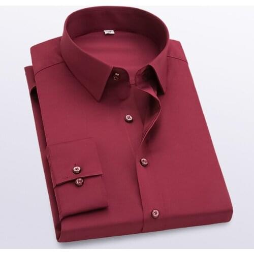 Mens shirt Long Sleeve slim fit shirts men Asian size Solid Tuxedo Shirt Male Formal Business Casual Dress Shirt wine red