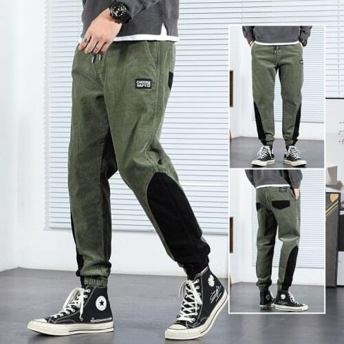 2021 Elastic Waist Corduroy Casual Pants Mens Spring/Autumn Color Matching Loose Harem Pants Trendy Versatile Sports Long Pants