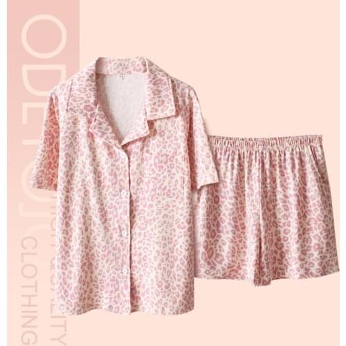 New summer thin pink leopard print home service ladies knitted cotton home pajamas loose suit cardigan short sleeves