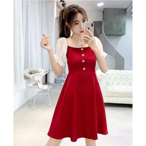 Summer dress new square collar high waist A word Color Matching Bubble Sleeve Ladies Retro Swee Big swing t Vestidos D299