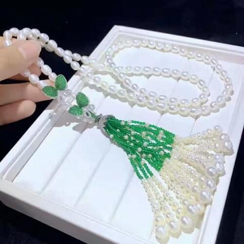 75-80cm 6-7mm white rice freshwater pearl butterfly micro inlay zircon necklace sweater chain