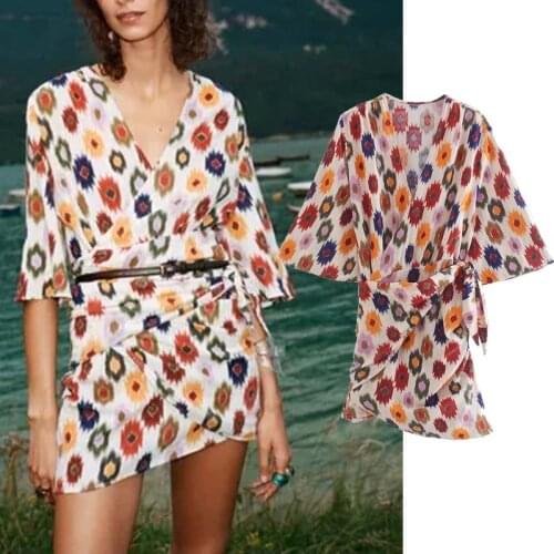 Klkxmyt Za Dress Woman 2021 Vintage Print Summer Mini Dresses Fashion Puff Sleeve Wrap V Neck Beach Dress Side Tie Pareo Vestido