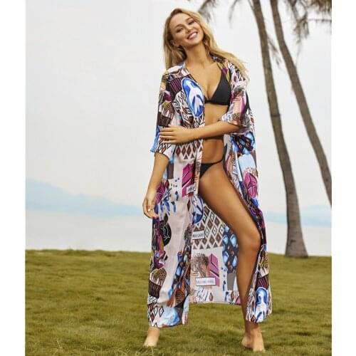 Multicolored Bikini Cover-ups Sexy V-neck Long Sleeve Boho Summer Beach Dress Plus Size Beachwear Swimsuit Cover Up