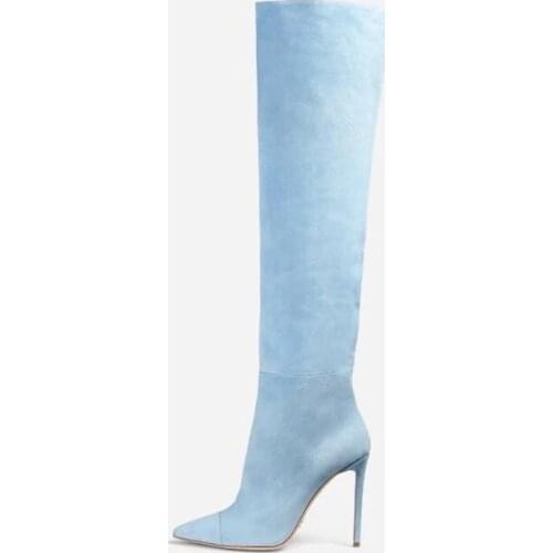 Handmade fashion shoes blue pink suede boots stilettos heels over the knee thigh high boots womens shoes large size 44 45 47