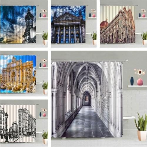 Nordic Corridor Arched Door Shower Curtain Modern House Architecture Scenic 3D Hanging Curtains Waterproof Bathroom Screen Decor