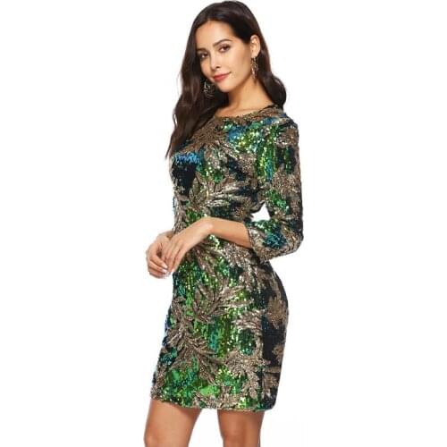 Slim women big size Multicolor Luxury dresses round neck spring fall formai Newest Green Silver leaf sequin dress wrist Sleeve