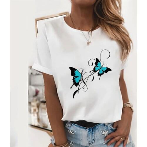 Two Butterfly Print Funny Tshirt Women Round Neck Harajuku Tops Women Clothes Summer Loose Tees Shirt Femme Short Sleeve Tshirt